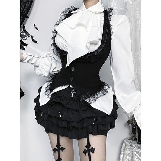 Sleeveless Lace Crop Top & Long-Sleeve Shirt & Mini Tiered Skirt