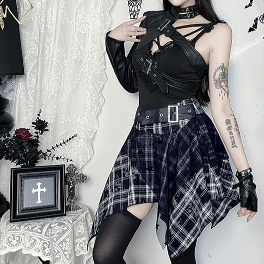 High Rise Asymmetrical Plaid A-Line Skirt & One-Sleeve Faux Leather Crop Jacket