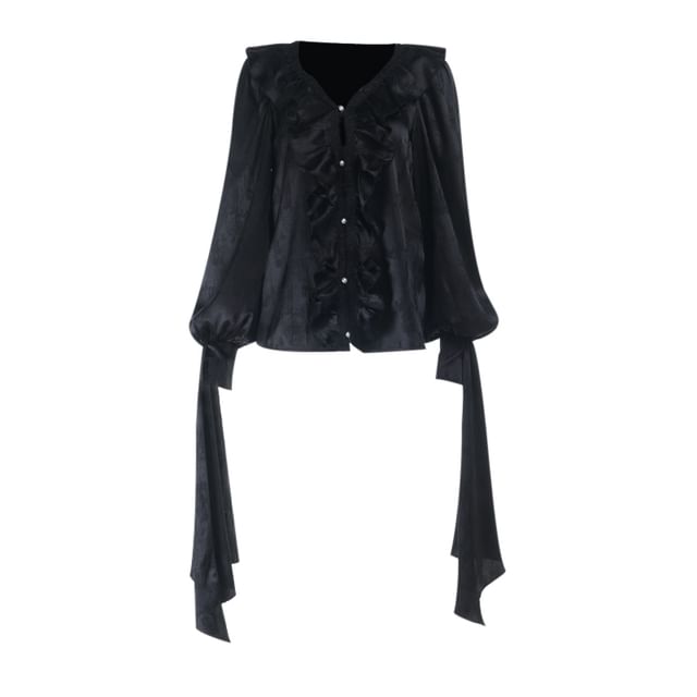 Long-Sleeve V-Neck Cinched Plain Top / High Rise Asymmetrical Mermaid Skirt
