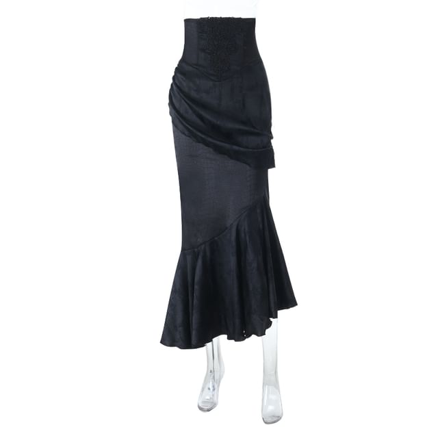 Long-Sleeve V-Neck Cinched Plain Top / High Rise Asymmetrical Mermaid Skirt