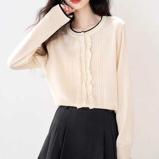 Round Neck Contrast Trim Frill Cardigan