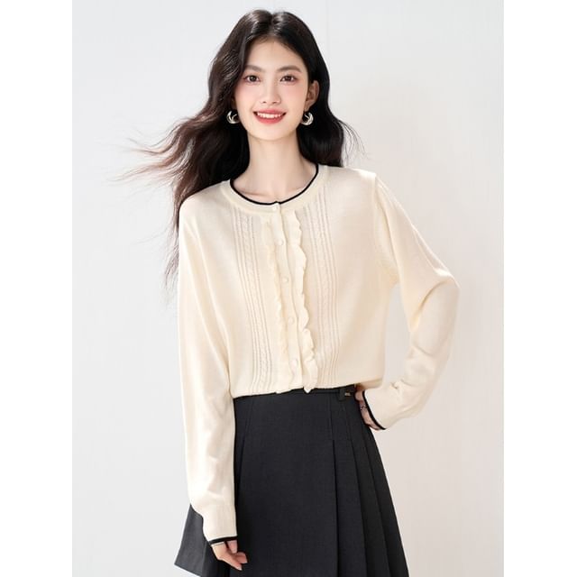 Round Neck Contrast Trim Frill Cardigan