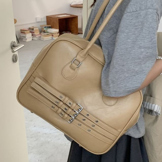 Faux Leather Buckled Zip Shoulder Bag