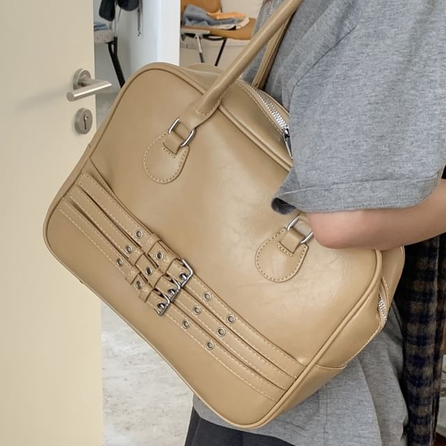 Faux Leather Buckled Zip Shoulder Bag
