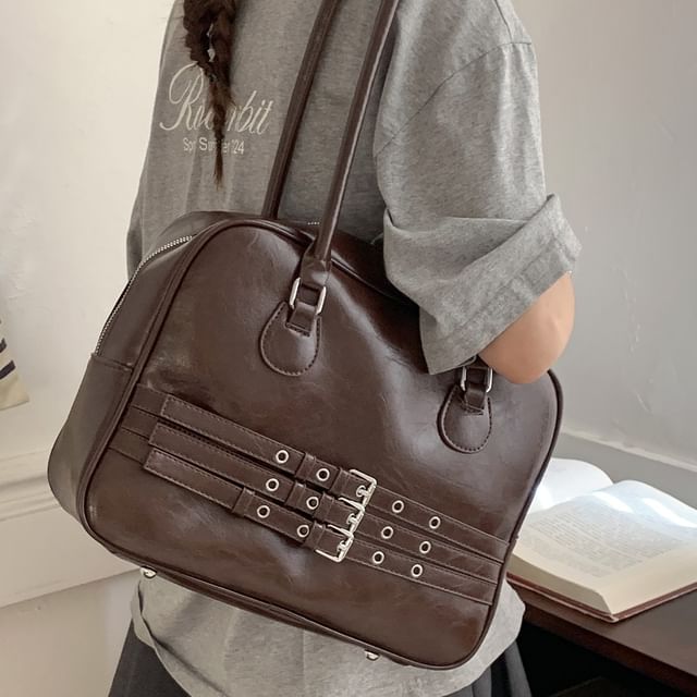 Faux Leather Buckled Zip Shoulder Bag