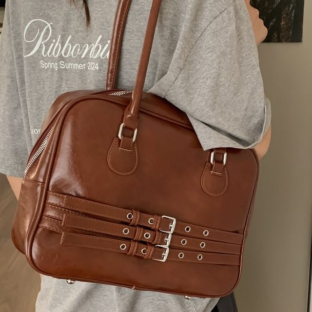 Faux Leather Buckled Zip Shoulder Bag