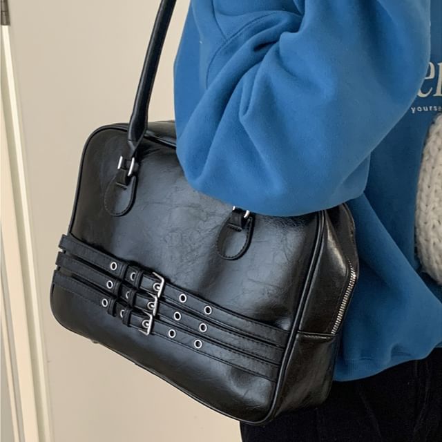 Faux Leather Buckled Zip Shoulder Bag