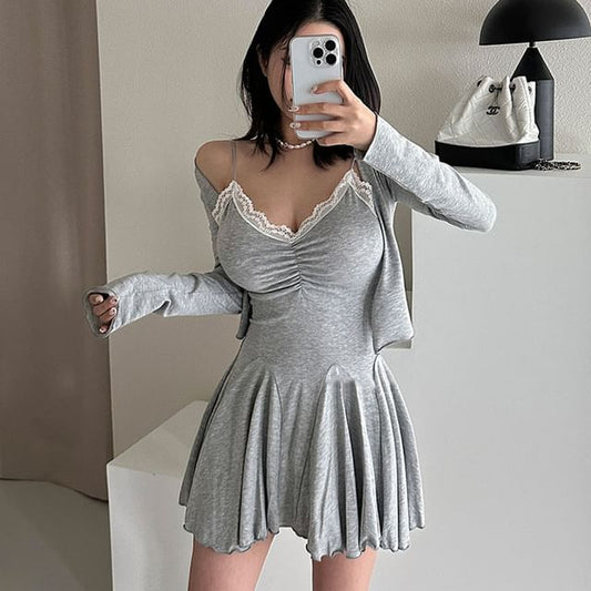 Set: Spaghetti Strap Lace Trim A-Line Dress + Cardigan