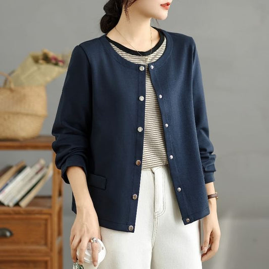 Round Neck Plain Button Up Cardigan