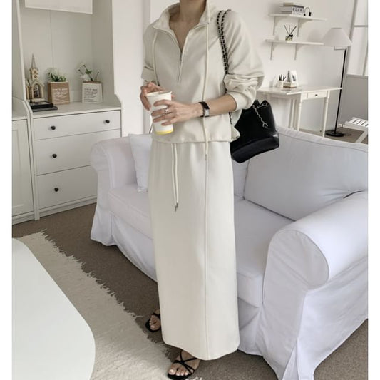 Collar Drawstring Half-Zip Pullover / Drawstring Waist Maxi Straight Skirt