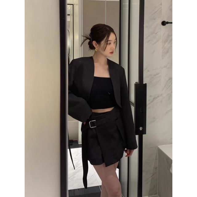 Collarless Plain Cropped Open Front Blazer / High Rise Asymmetrical Belted Mini A-Line Skirt