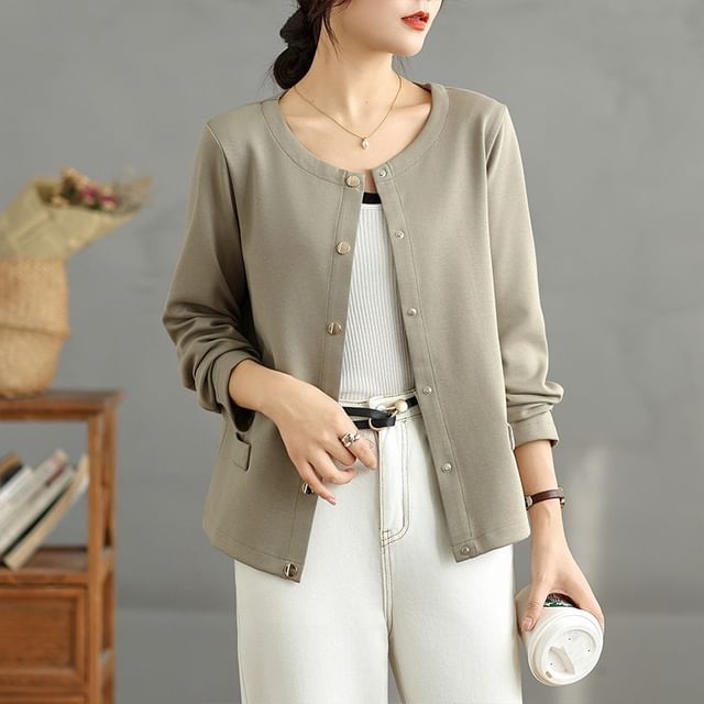 Round Neck Plain Button Up Cardigan
