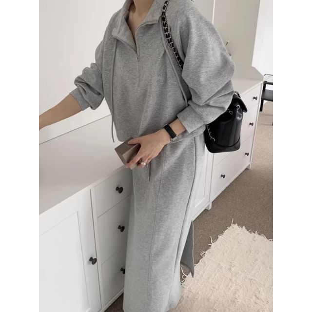 Collar Drawstring Half-Zip Pullover / Drawstring Waist Maxi Straight Skirt