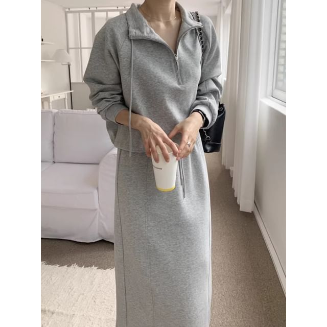 Collar Drawstring Half-Zip Pullover / Drawstring Waist Maxi Straight Skirt