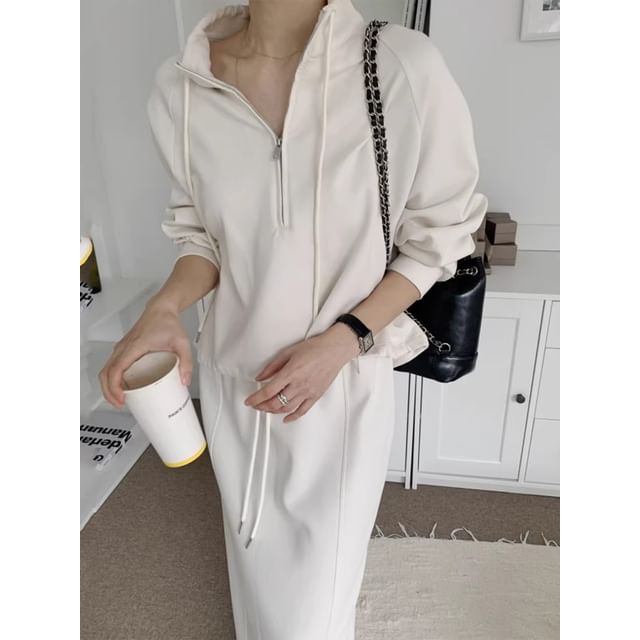 Collar Drawstring Half-Zip Pullover / Drawstring Waist Maxi Straight Skirt