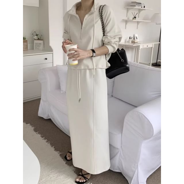 Collar Drawstring Half-Zip Pullover / Drawstring Waist Maxi Straight Skirt