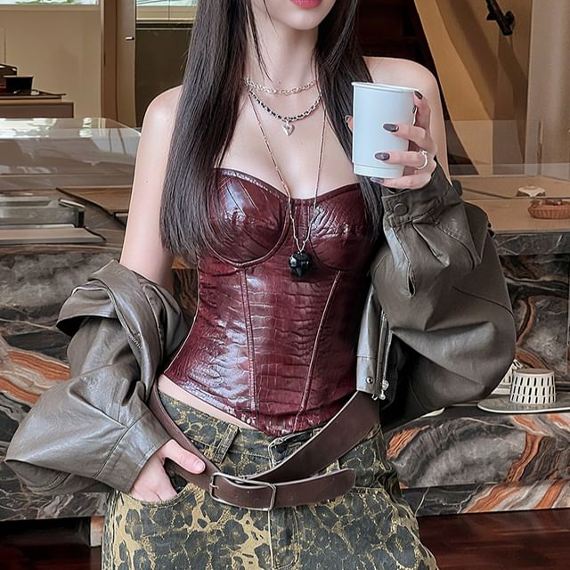 Chic Faux Leather Bustier with Crocodile Texture
