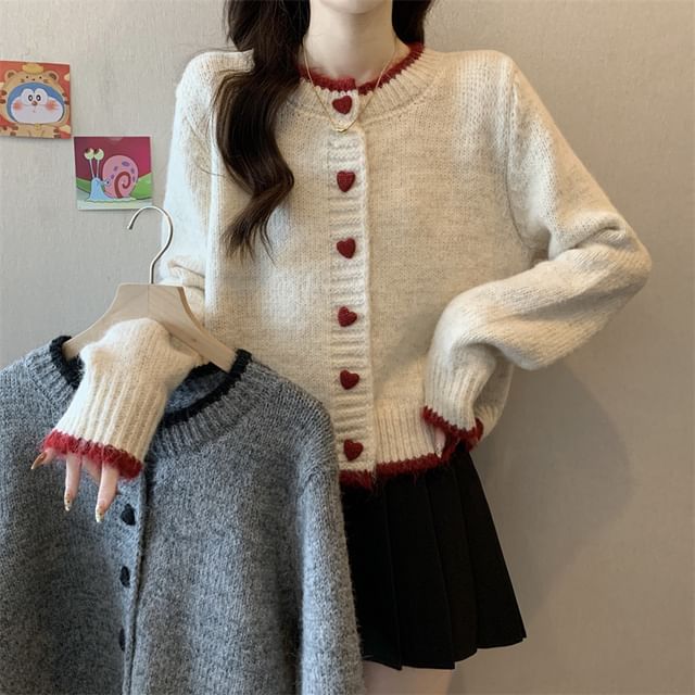 Round Neck Contrast Trim Button Up Cardigan