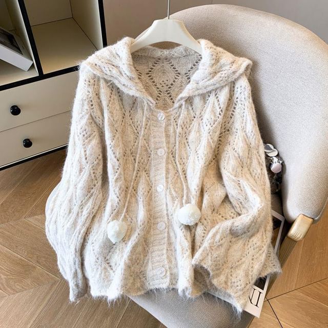 Hooded Plain Pointelle Button Up Cardigan