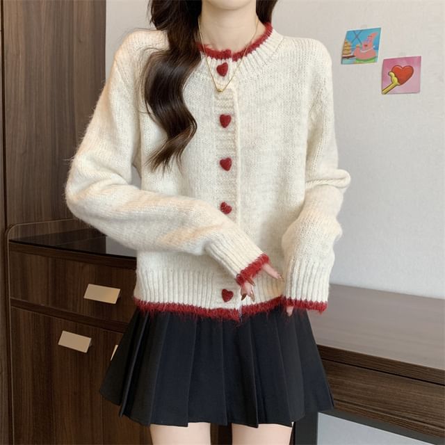 Round Neck Contrast Trim Button Up Cardigan