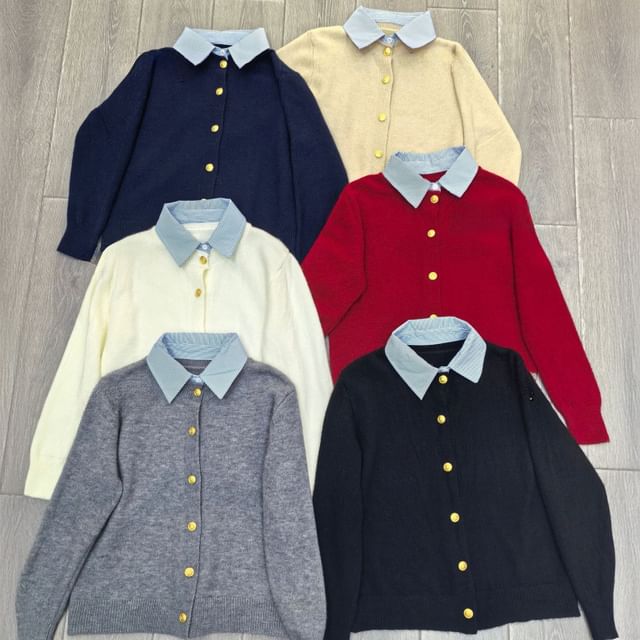Collared Mock Two Piece Button Cardigan