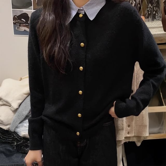 Collared Mock Two Piece Button Cardigan