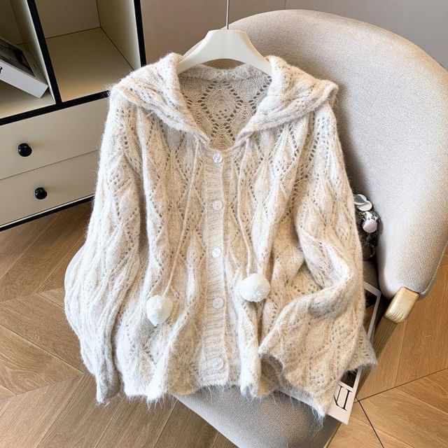 Hooded Plain Pointelle Button Up Cardigan