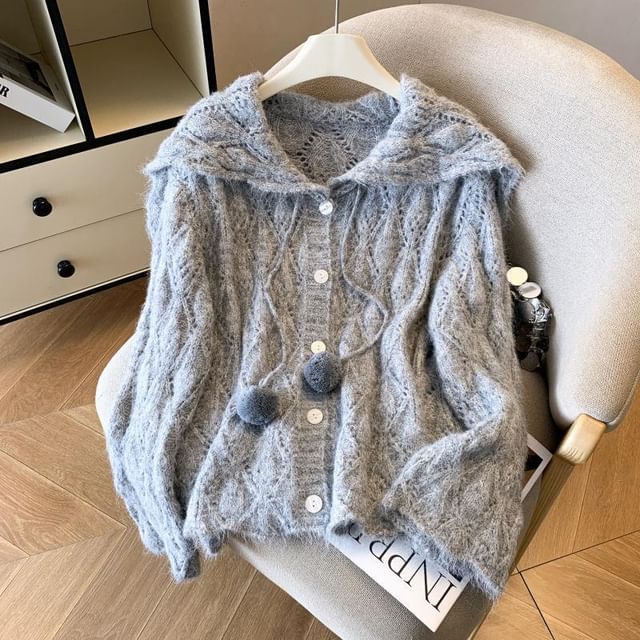 Hooded Plain Pointelle Button Up Cardigan