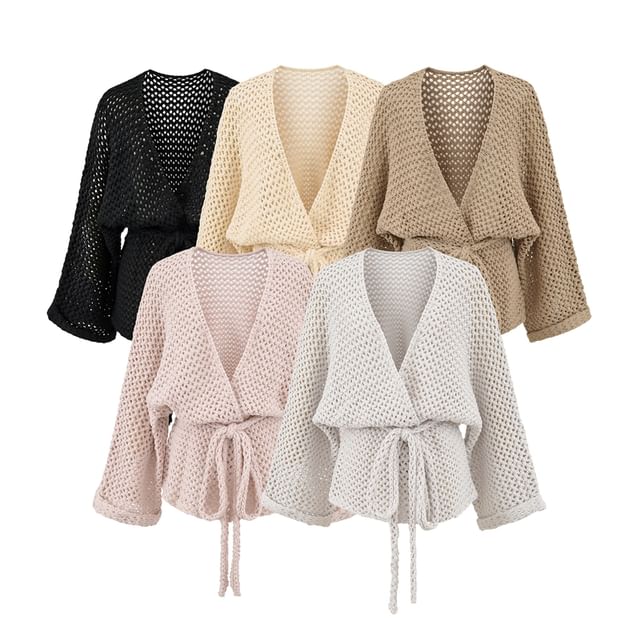 V-Neck Plain Tie Waist Pointelle Knit Cardigan
