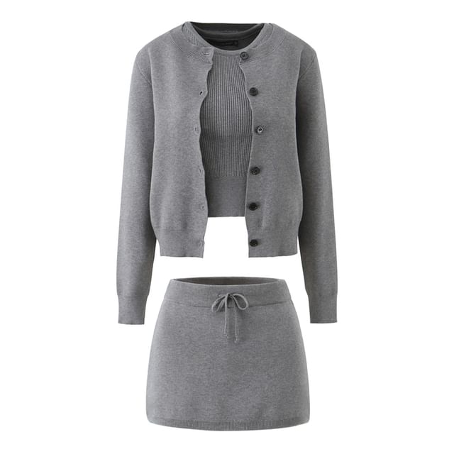 Crew Neck Plain Ribbed Tank Top / Cardigan / Drawstring Waist Mini A-Line Skirt