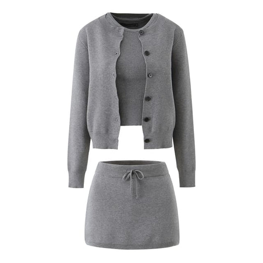 Crew Neck Plain Ribbed Tank Top / Cardigan / Drawstring Waist Mini A-Line Skirt