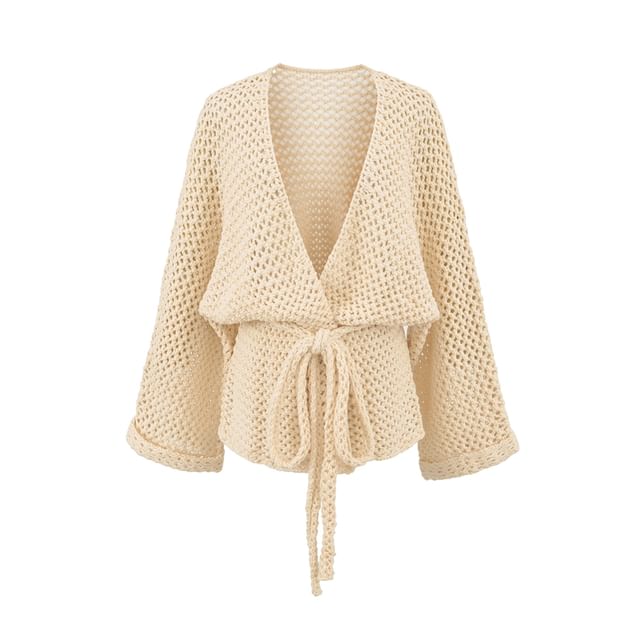 V-Neck Plain Tie Waist Pointelle Knit Cardigan