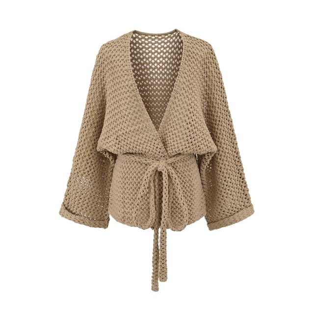 V-Neck Plain Tie Waist Pointelle Knit Cardigan