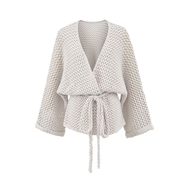 V-Neck Plain Tie Waist Pointelle Knit Cardigan