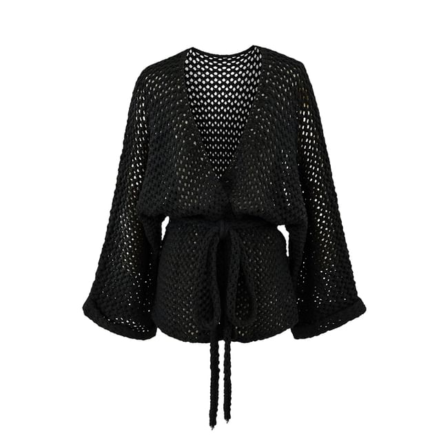 V-Neck Plain Tie Waist Pointelle Knit Cardigan