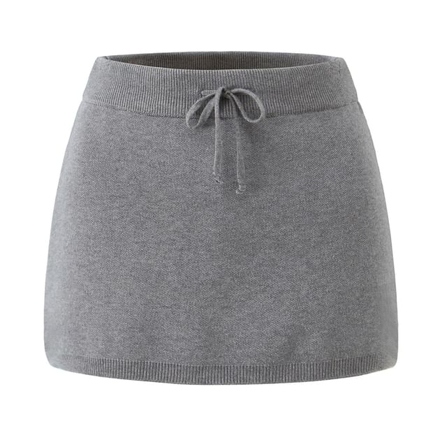 Crew Neck Plain Ribbed Tank Top / Cardigan / Drawstring Waist Mini A-Line Skirt