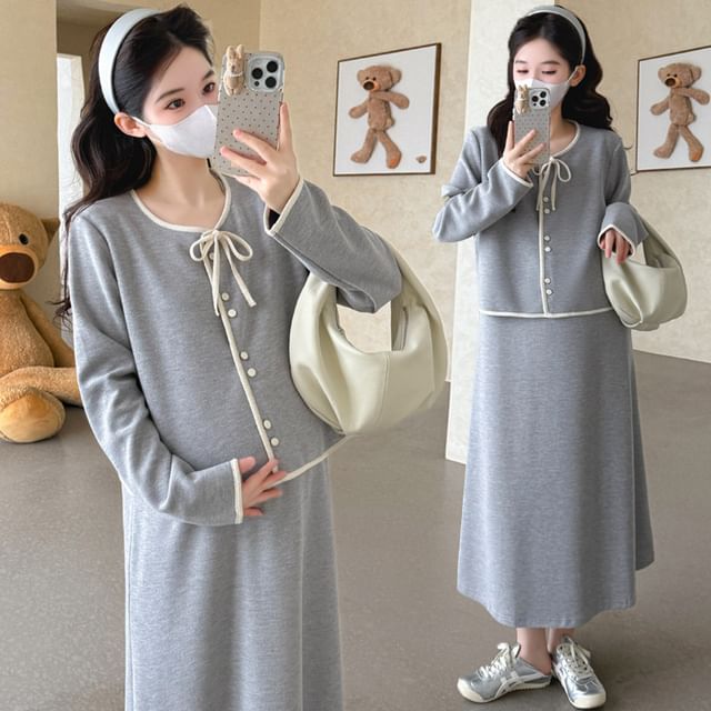 Maternity Set: Round Neck Contrast Trim Cardigan + High Waist Midi A-Line Skirt