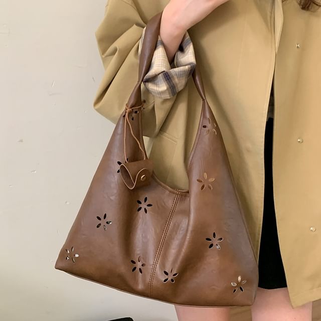 Faux Leather Perforated Plain Shoulder Bag