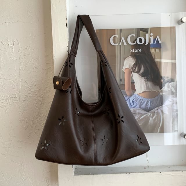 Faux Leather Perforated Plain Shoulder Bag