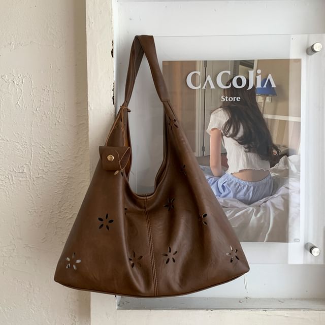 Faux Leather Perforated Plain Shoulder Bag