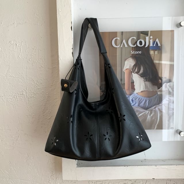 Faux Leather Perforated Plain Shoulder Bag