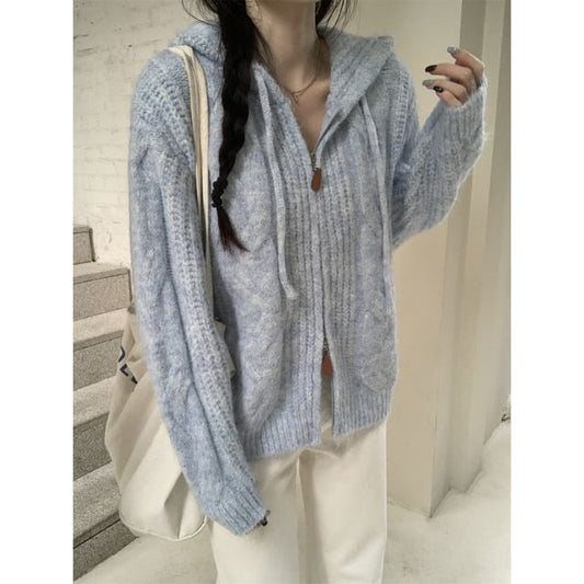Hooded Zip-Up Plain Cardigan