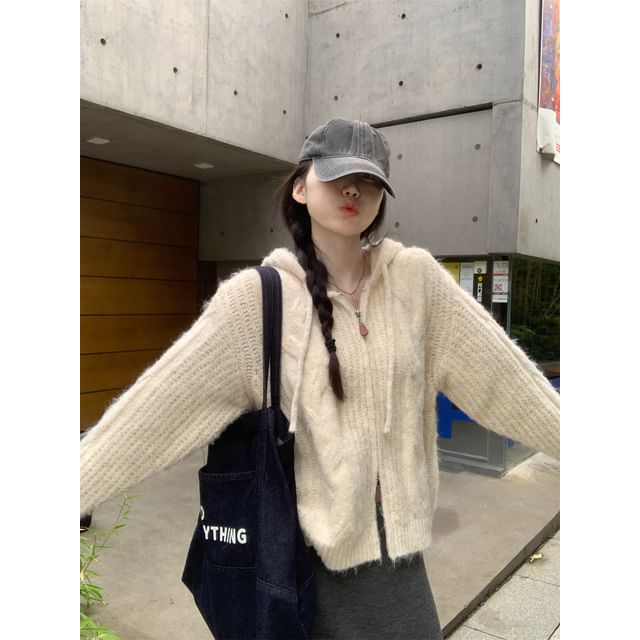 Hooded Zip-Up Plain Cardigan