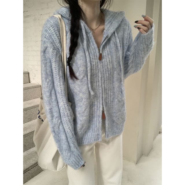 Hooded Zip-Up Plain Cardigan