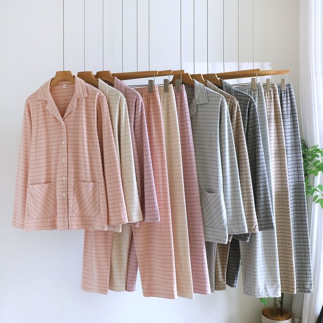 Couple Matching Pajama Set: Long-Sleeve Lapel Collar Plaid Button-Up Top + Pants (Various Designs)