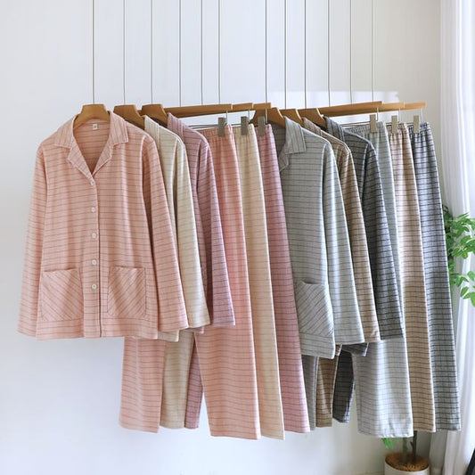 Couple Matching Pajama Set: Long-Sleeve Lapel Collar Plaid Button-Up Top + Pants (Various Designs)