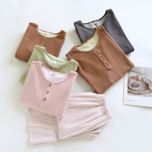 Couple Matching Pajama Set: Long-Sleeve Crew Neck Plain Top + Gingham Pants (Various Designs)