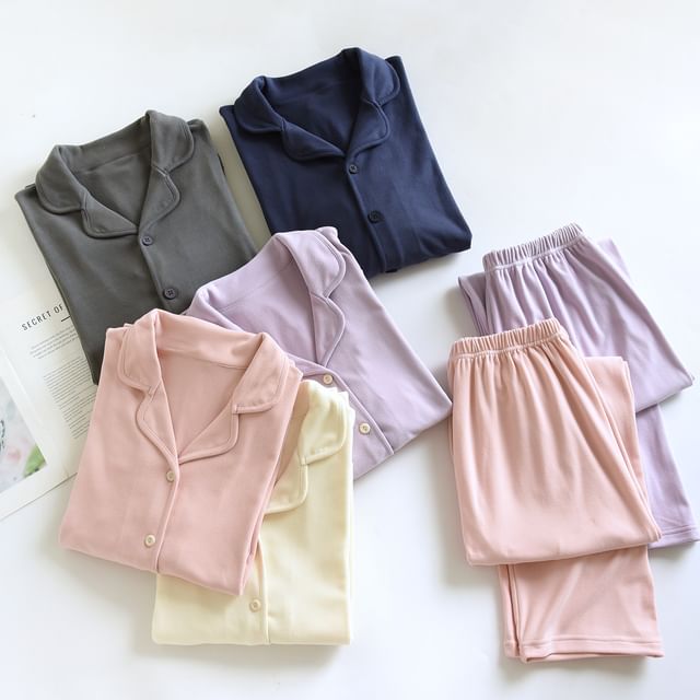Couple Matching Pajama Set: Long-Sleeve Lapel Collar Button-Up Plain Top + Pants (Various Designs)