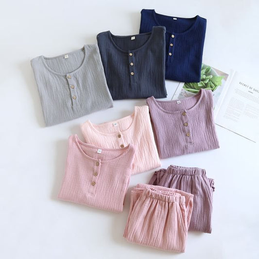 Couple Matching Pajama Set: Long-Sleeve Crew Neck Plain Top + Pants (Various Designs)