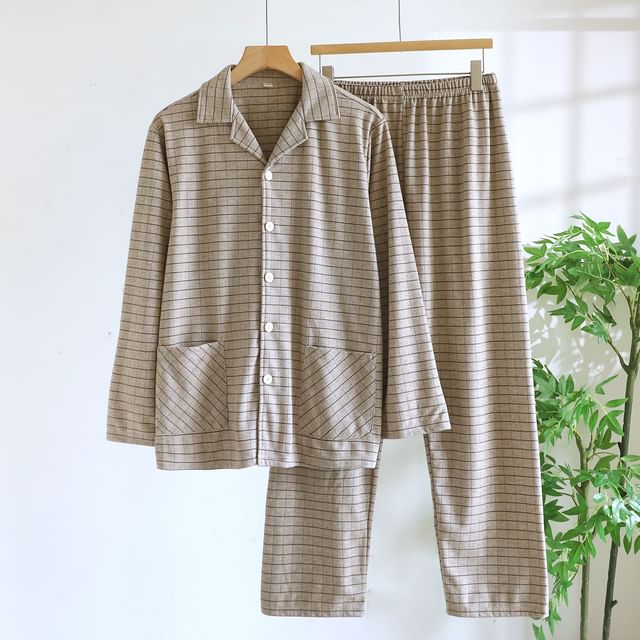 Couple Matching Pajama Set: Long-Sleeve Lapel Collar Plaid Button-Up Top + Pants (Various Designs)